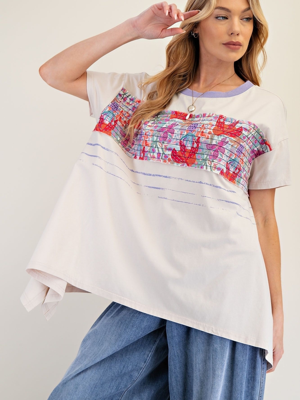 ⭐3-0503 Easel Floral Ribbon Patch Shark bite Cotton Tunic Top - Picture 4 of 6